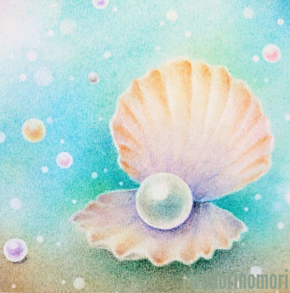 花と鳥　貝殻　絵画　アート　真珠 美しい真珠が入った貝殻を開き、高価で美しい貝のイラスト。」のイラスト